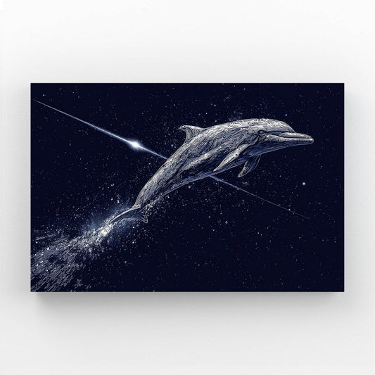 Shooting Star Dolphin Wall Art – two silver dolphins leaping beneath a shooting star over a night-navy sea