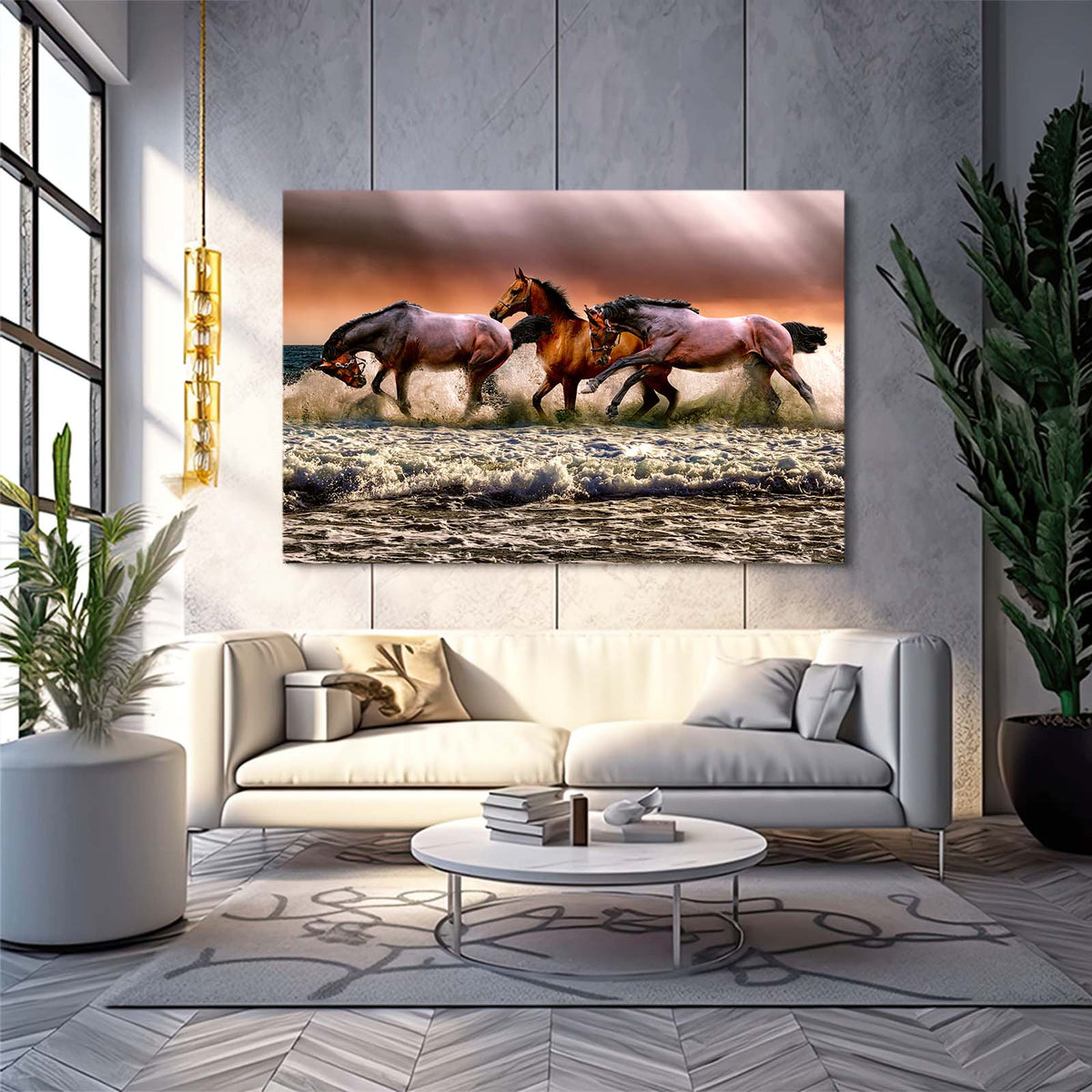 Shoreline Herd Run Horse Wall Art — photography canvas print, styled in a furnished interior