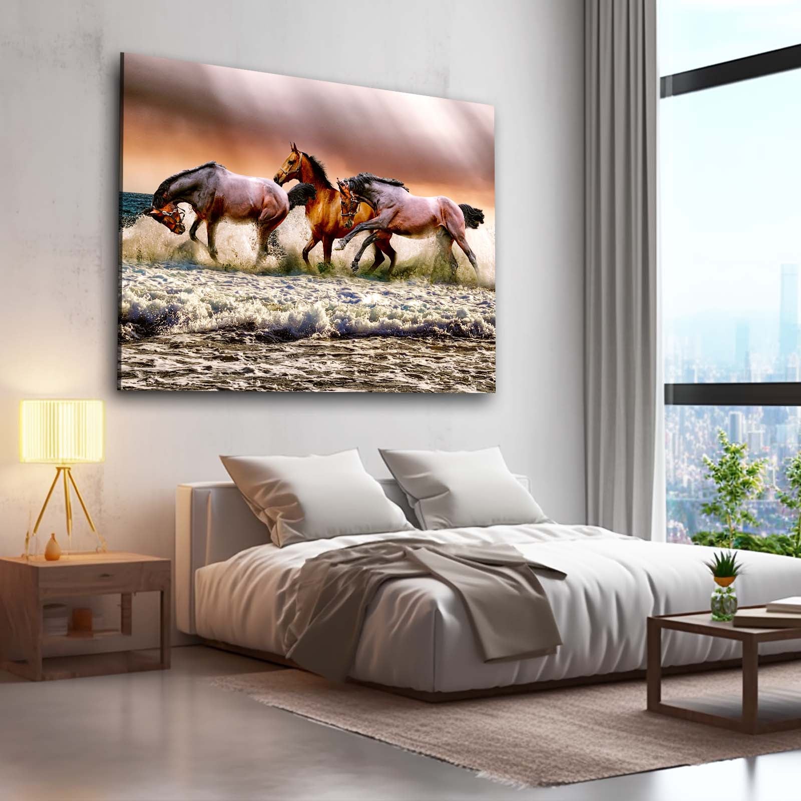 Shoreline Herd Run Horse Wall Art — photography canvas print, styled in a furnished interior
