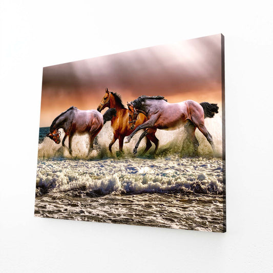 Shoreline Herd Run Horse Wall Art — photography canvas print, angled canvas view on white background