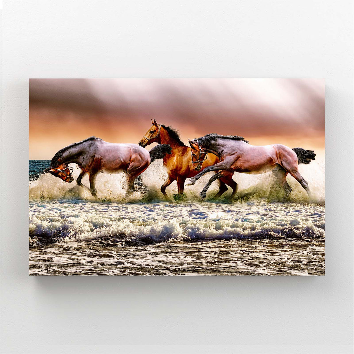 Shoreline Herd Run Horse Wall Art — photography canvas print, angled canvas view on white background