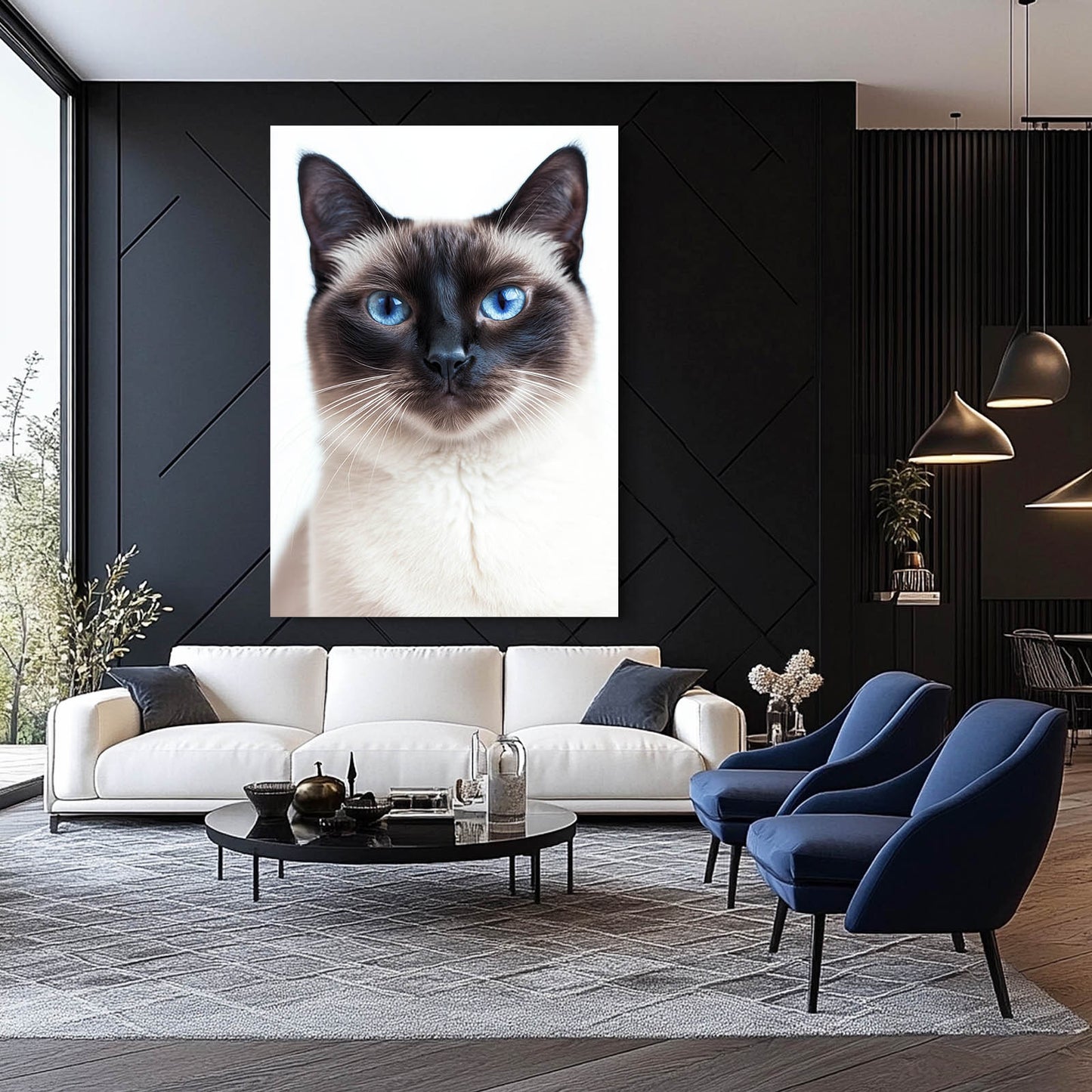 Siamese Blue Eyes Cat Prints — minimalist canvas print, styled in a furnished interior