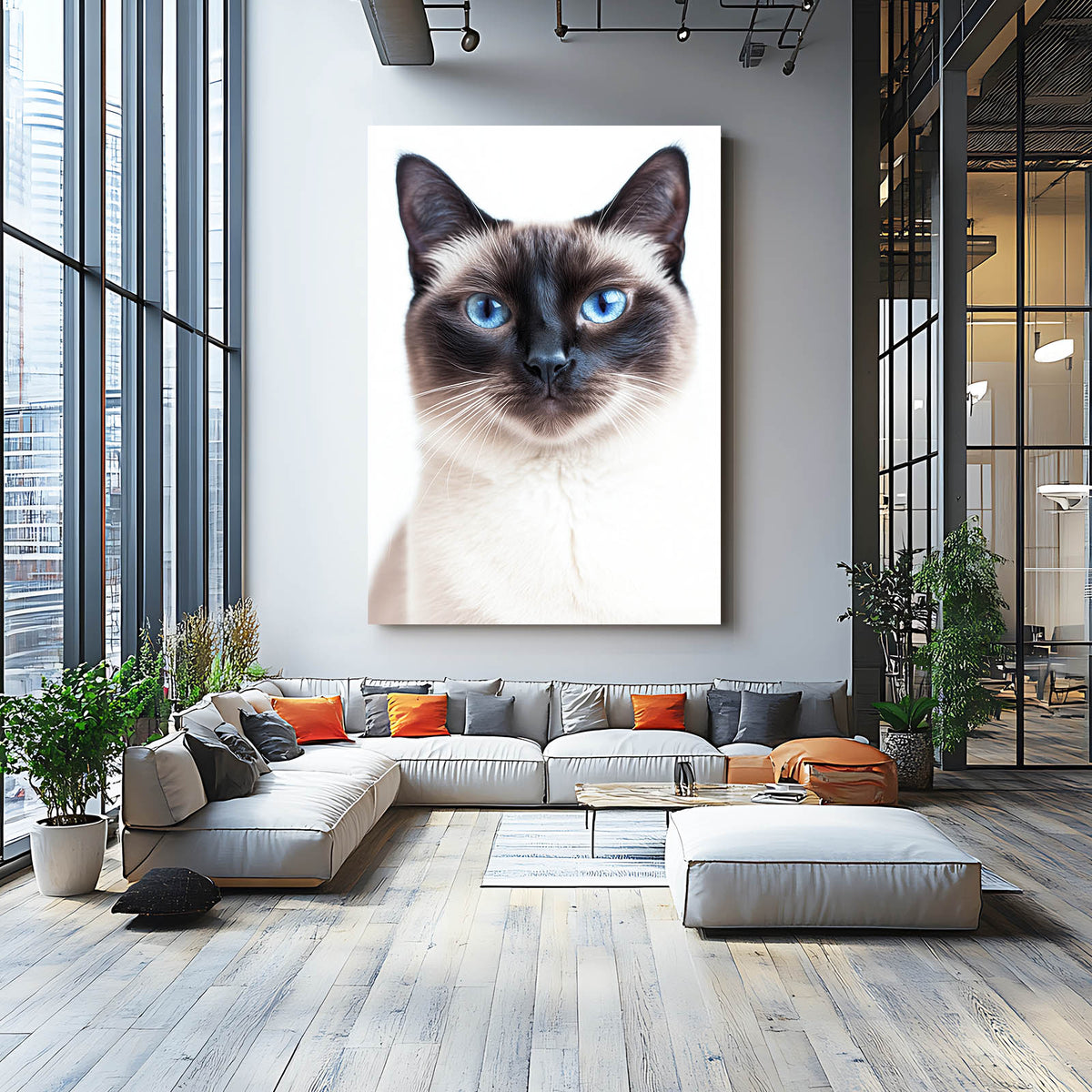 Siamese Blue Eyes Cat Prints — minimalist canvas print, styled in a furnished interior
