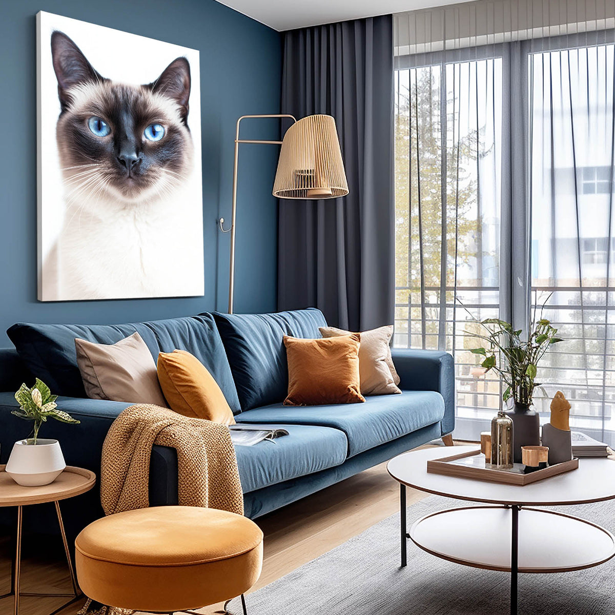 Siamese Blue Eyes Cat Prints — minimalist canvas print, styled in a furnished interior