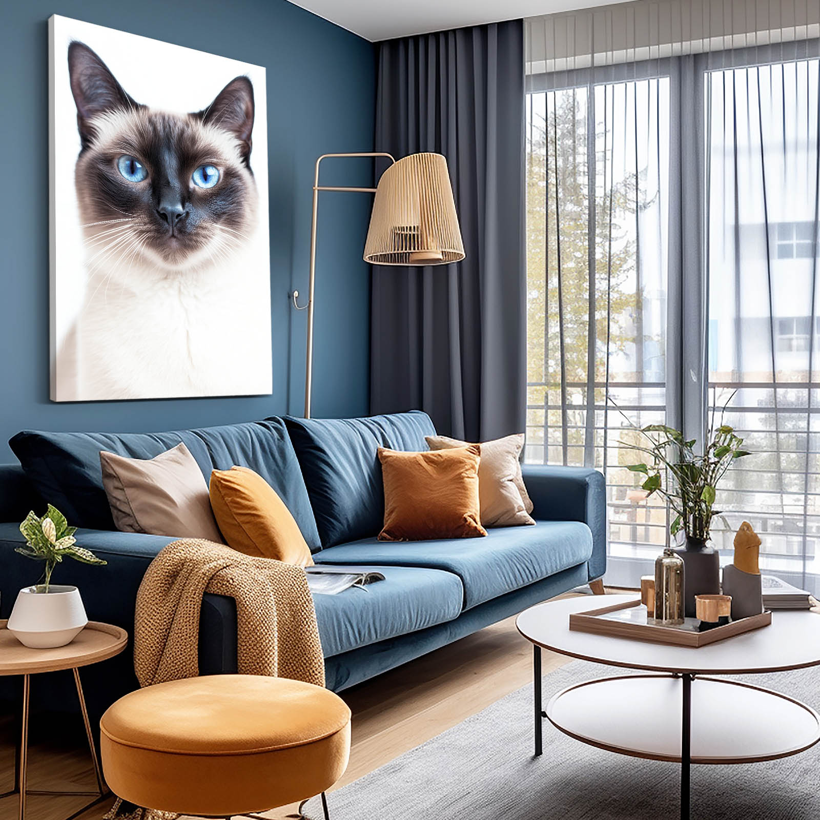 Siamese Blue Eyes Cat Prints — minimalist canvas print, styled in a furnished interior