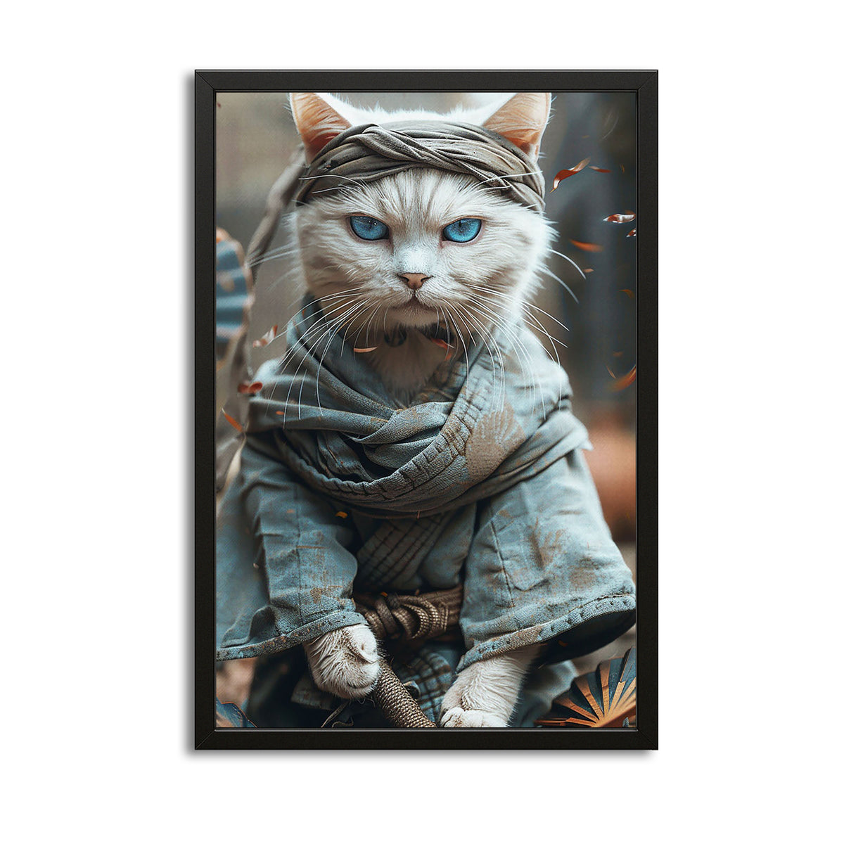 Silent Blade Cat Art — anime canvas print in brown tones, with Premium Black frame on white background