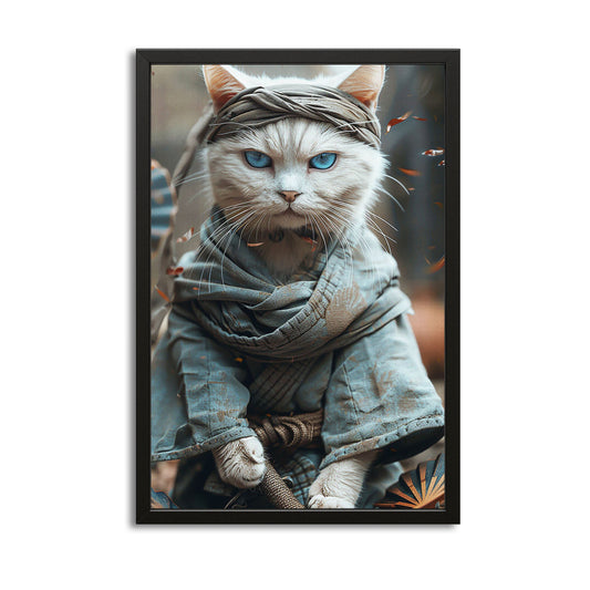 Silent Blade Cat Art — anime canvas print in brown tones, with Premium Black frame on white background