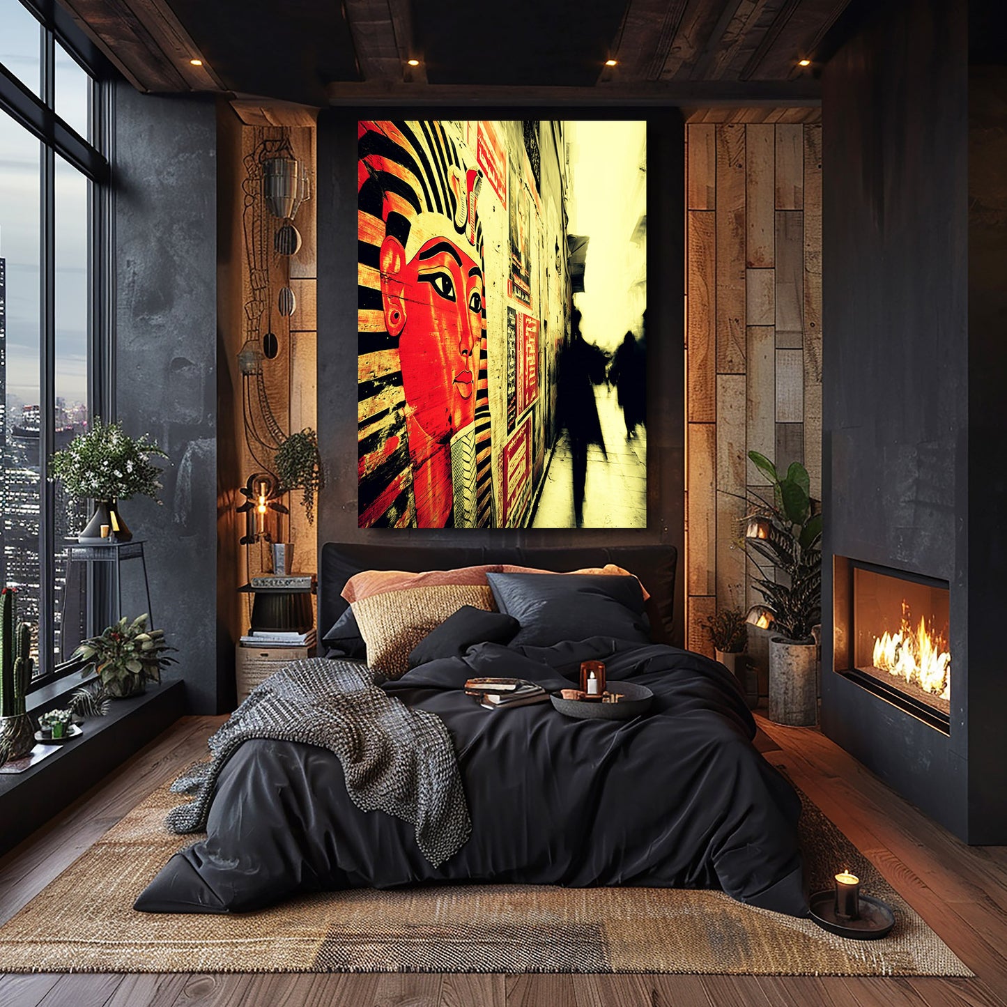 Silhouette Hieroglyph Corridor Egyptian Canvas – styled in a furnished interior