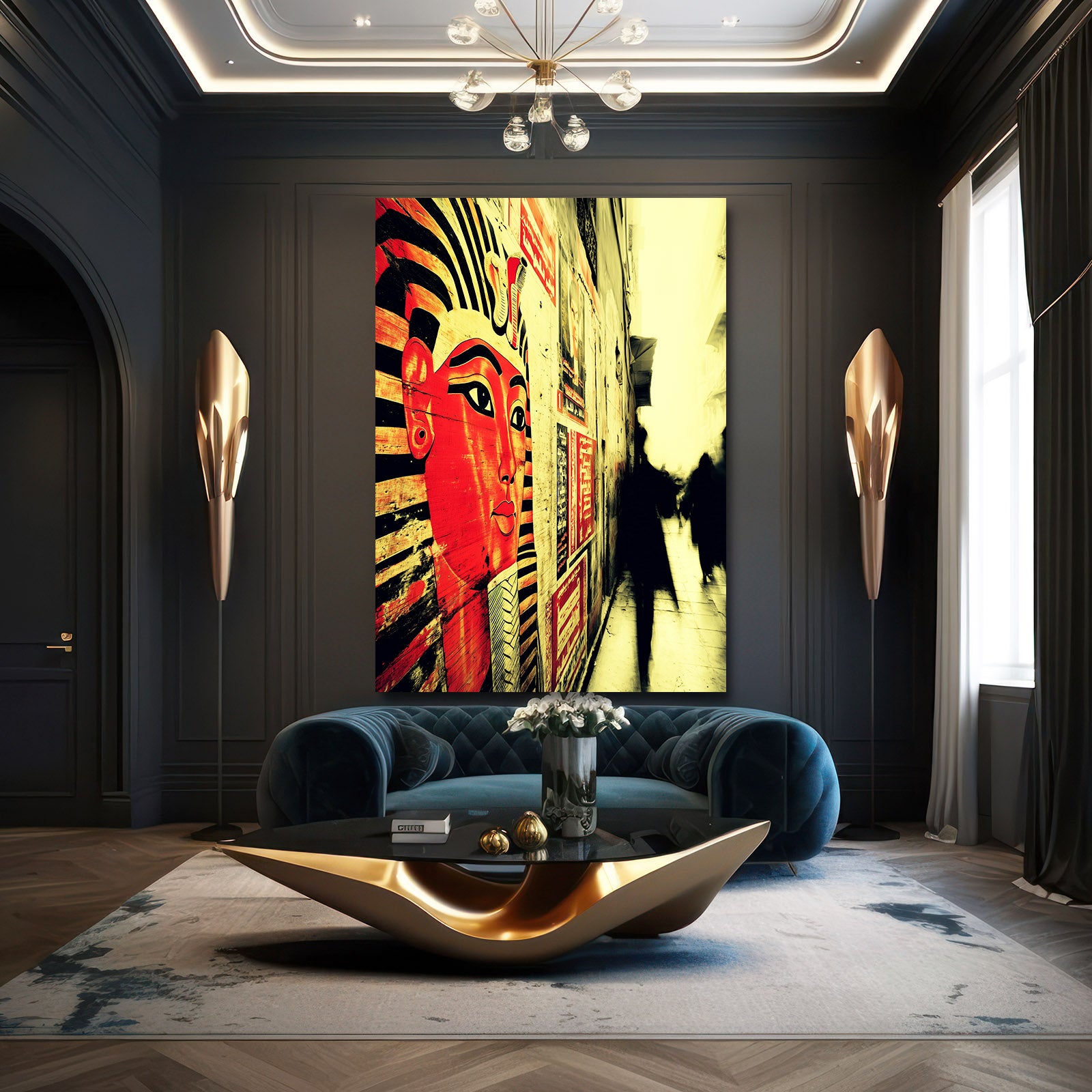 Silhouette Hieroglyph Corridor Egyptian Canvas – styled in a furnished interior