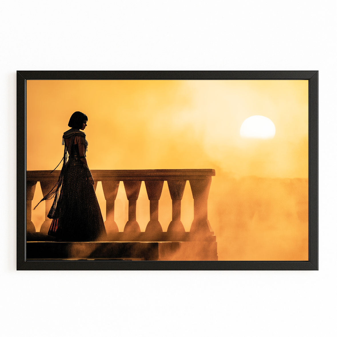 Silhouette Sunset Balcony Egyptian Art – with Premium Black frame on white background