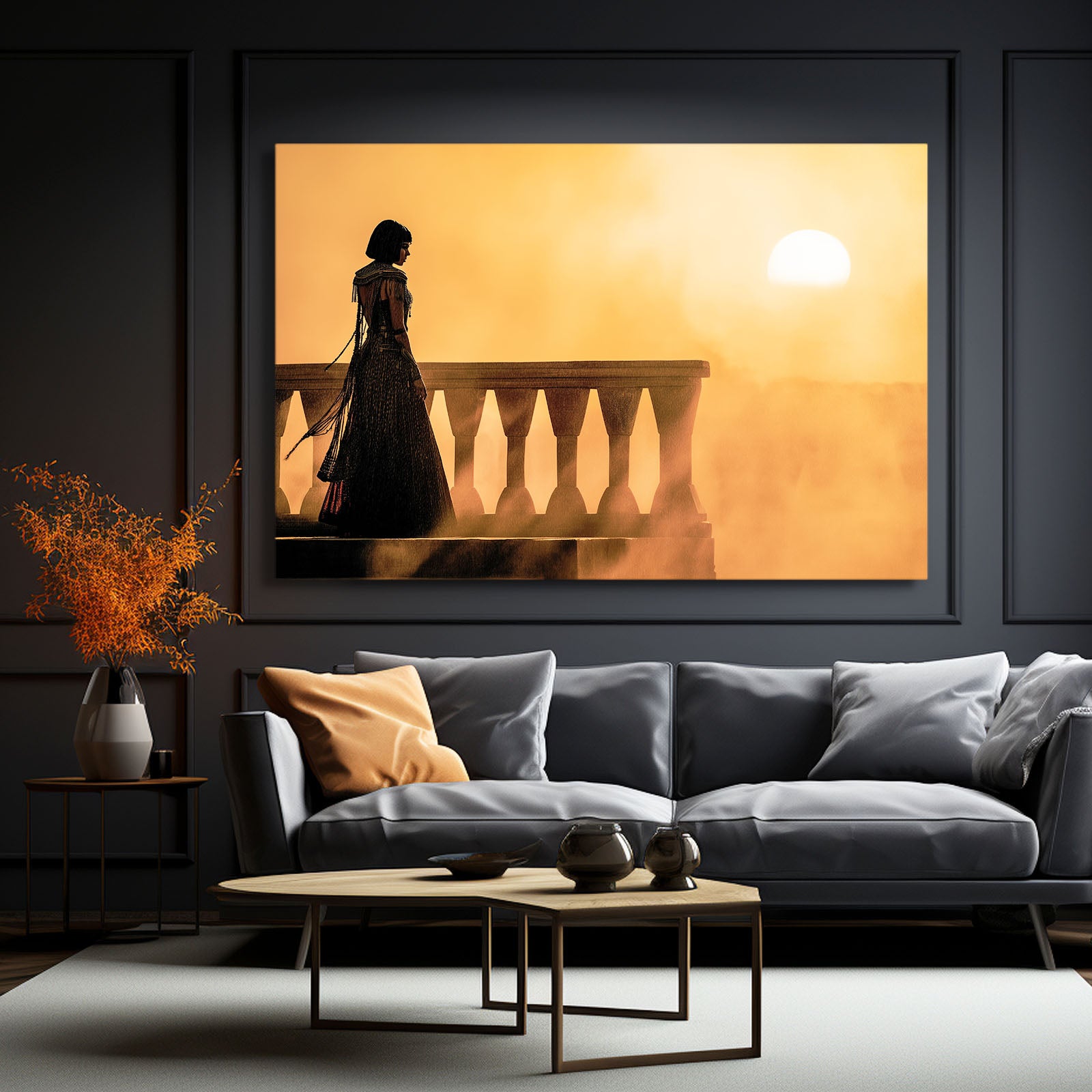 Silhouette Sunset Balcony Egyptian Art – styled in a furnished interior