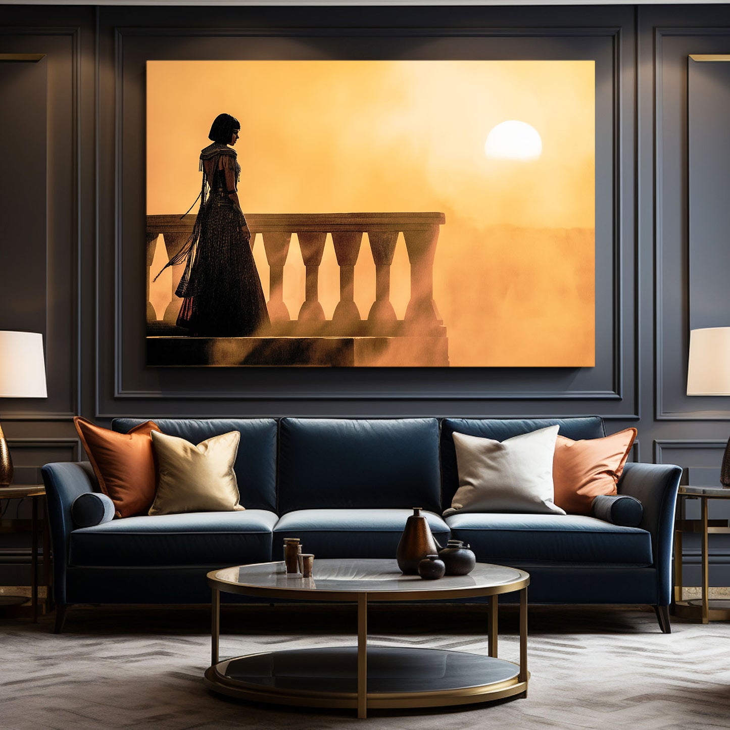 Silhouette Sunset Balcony Egyptian Art – styled in a furnished interior