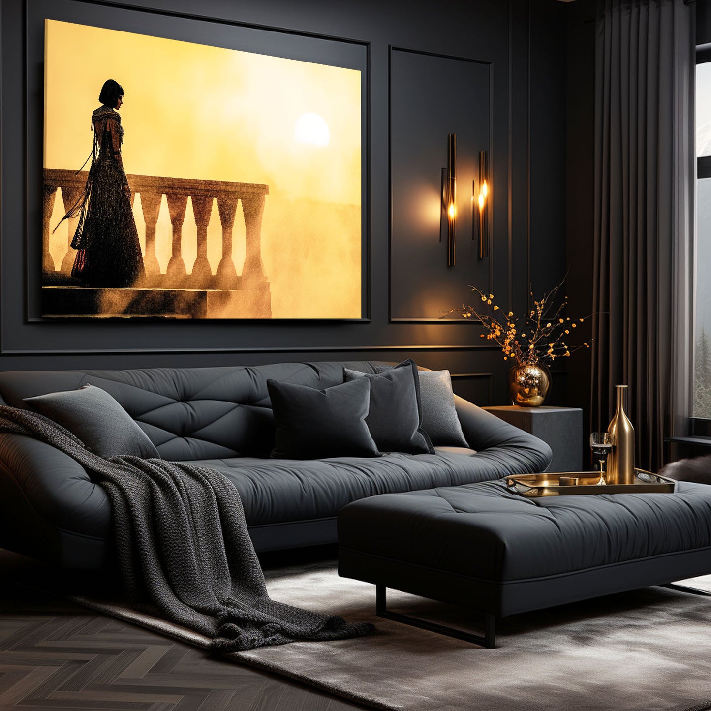 Silhouette Sunset Balcony Egyptian Art – styled in a furnished interior
