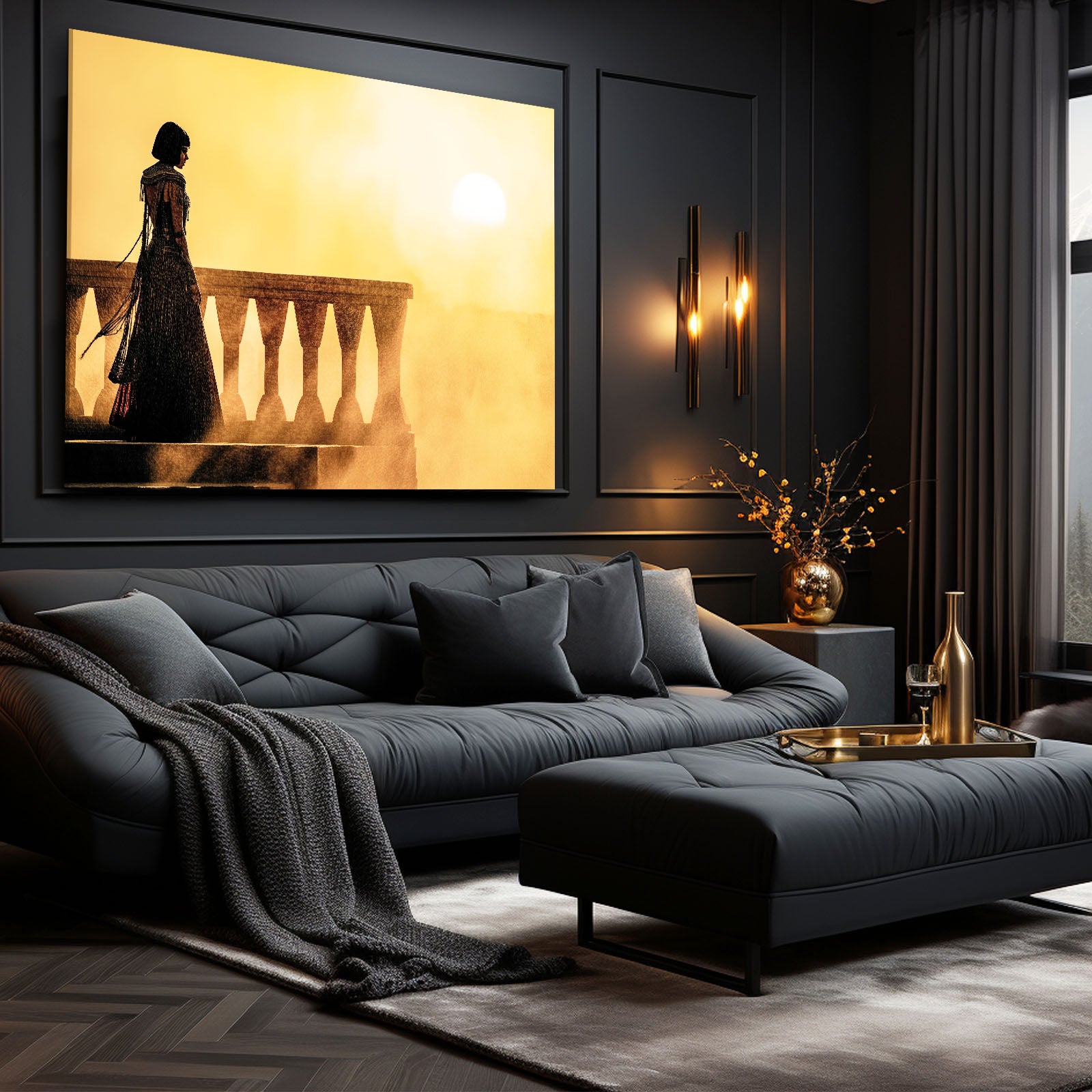 Silhouette Sunset Balcony Egyptian Art – styled in a furnished interior