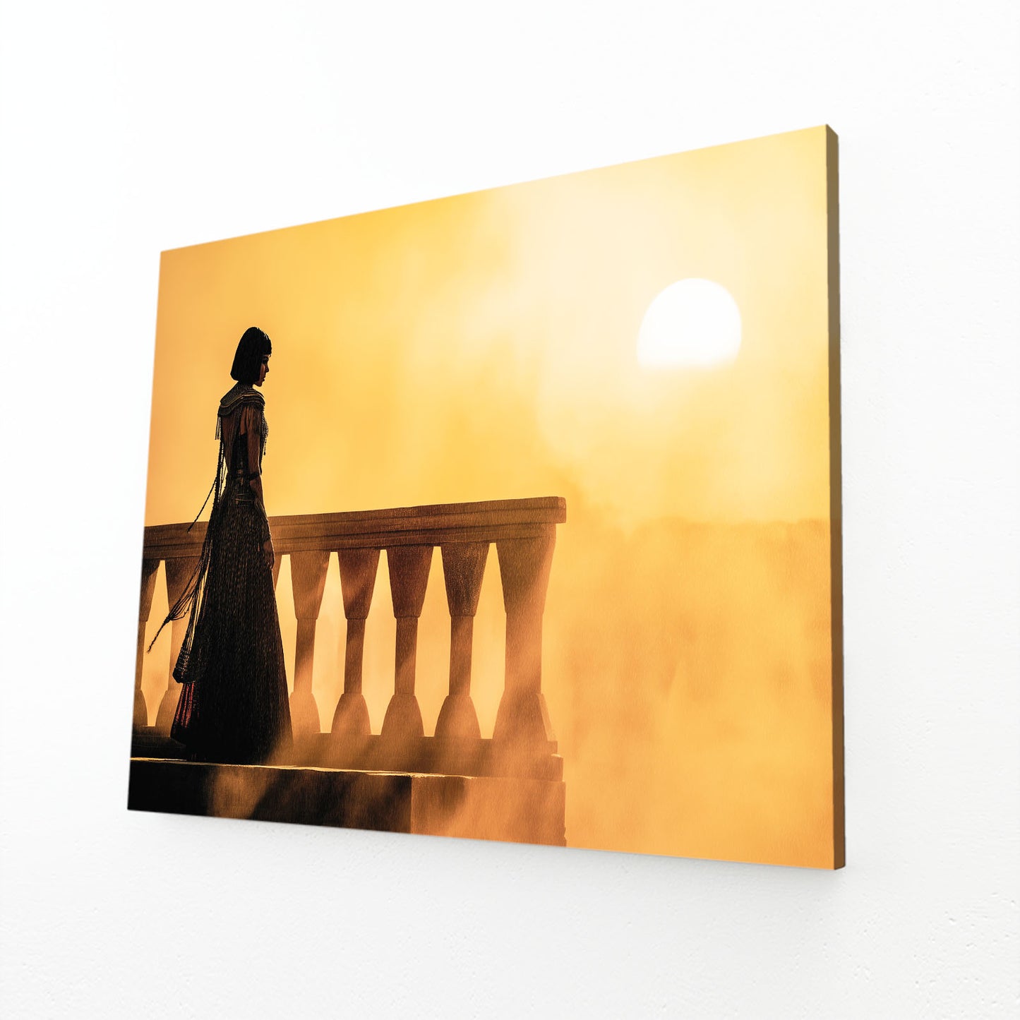 Silhouette Sunset Balcony Egyptian Art – angled canvas view on white background