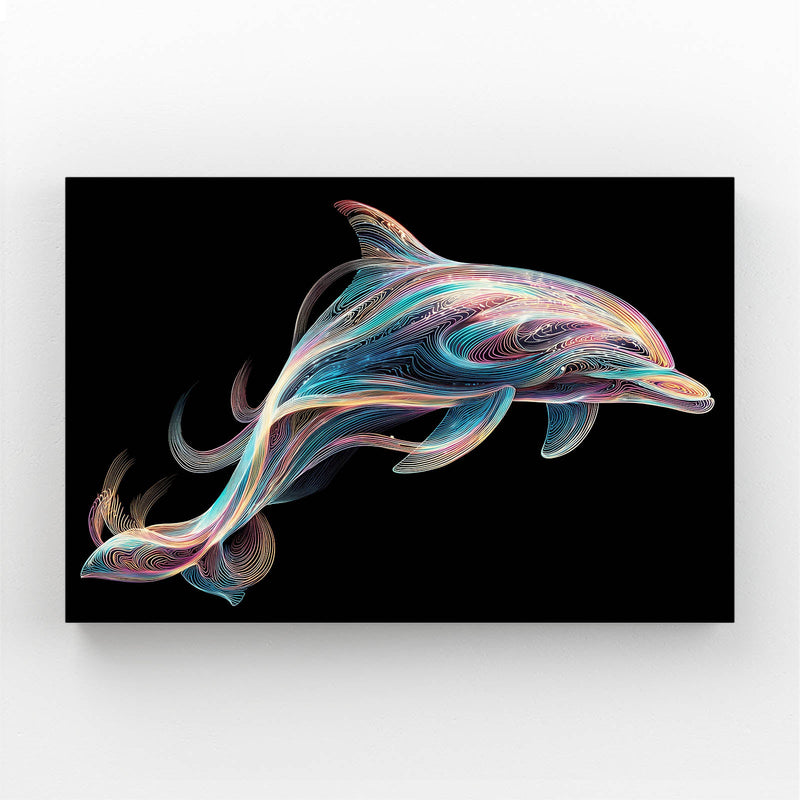 Silk Ribbon Dolphin Wall Art – dolphin woven from flowing multicolor silk ribbons on a black background