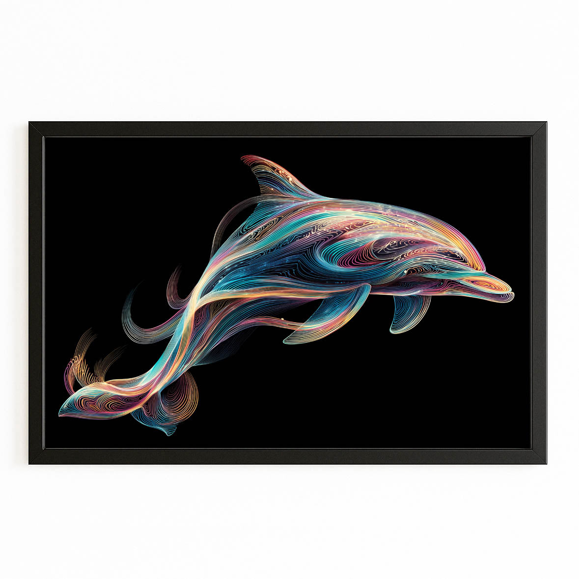 Silk Ribbon Dolphin Wall Art – with Premium Black wood frame on white background