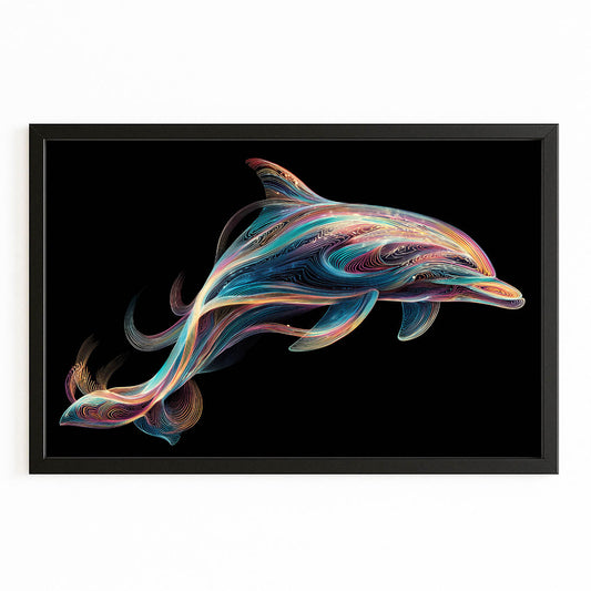Silk Ribbon Dolphin Wall Art – with Premium Black wood frame on white background