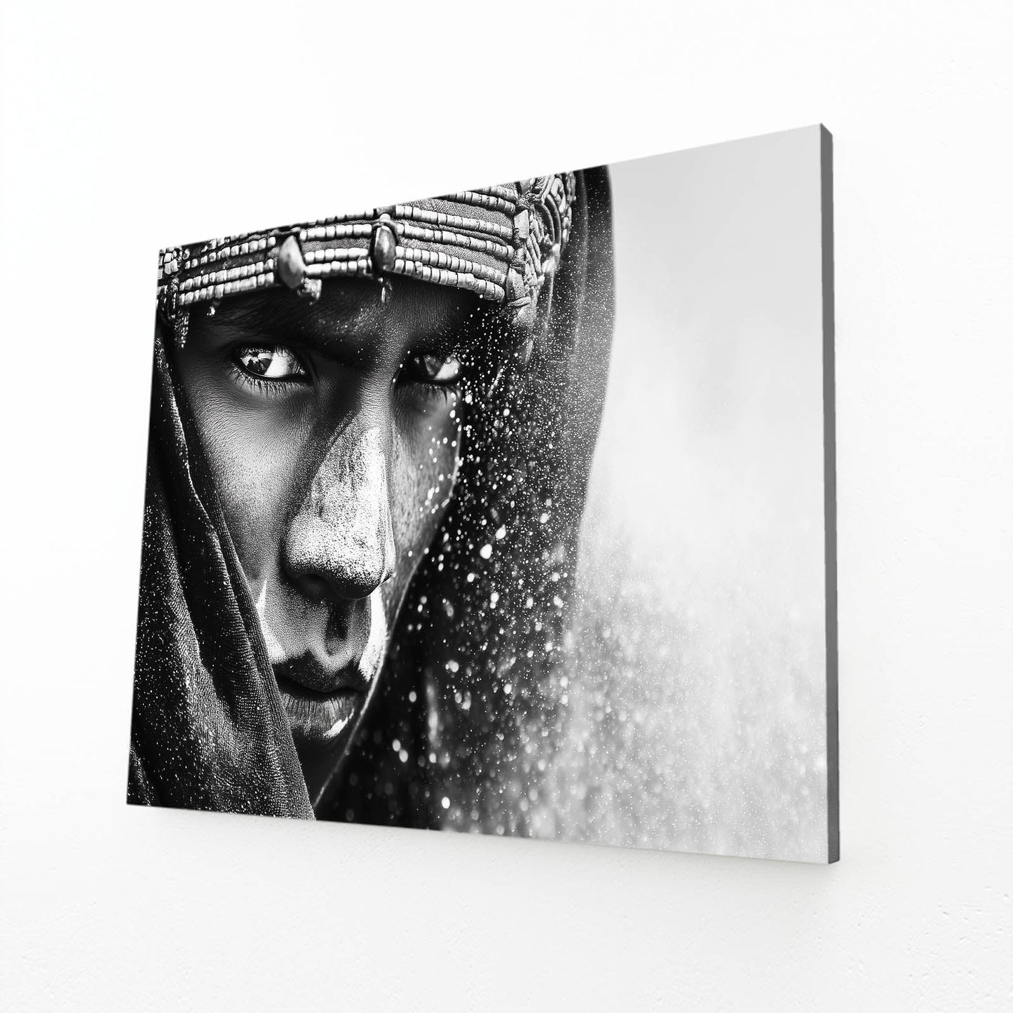 Silver Adorned Portrait Black Wall Art Photography – angled canvas view on white background