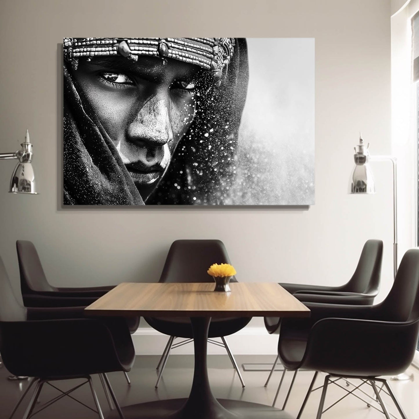 Silver Adorned Portrait Black Wall Art Photography – in a dining nook with black chairs