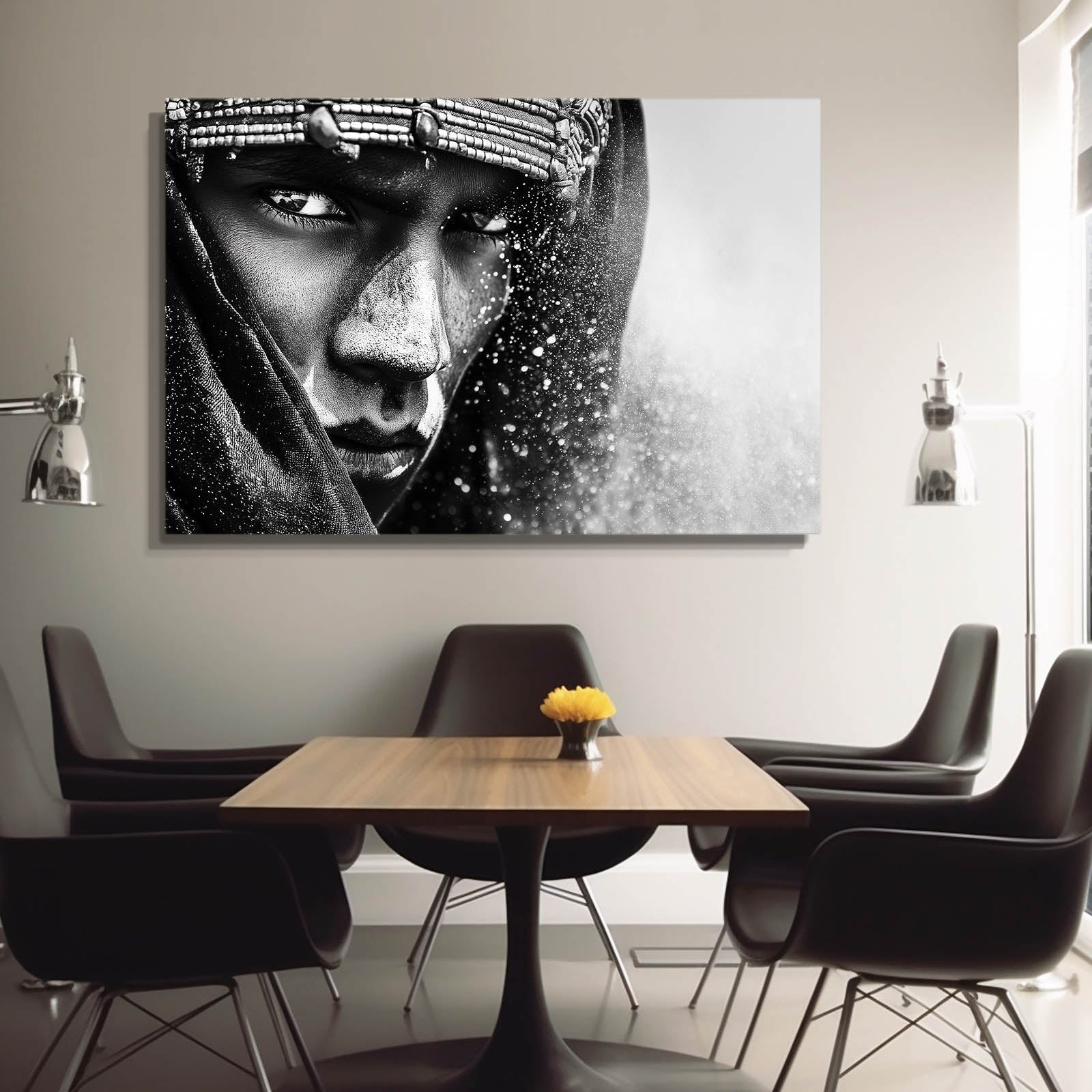 Silver Adorned Portrait Black Wall Art Photography – in a dining nook with black chairs