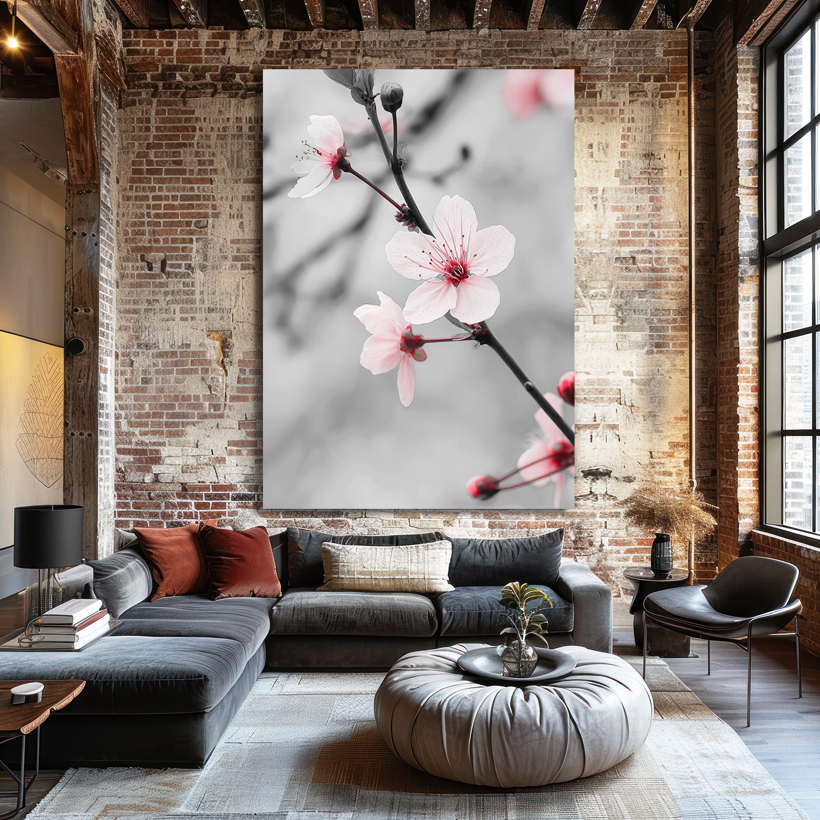 Silver Branch Macro Cherry Blossom Canvas – styled in a furnished interior
