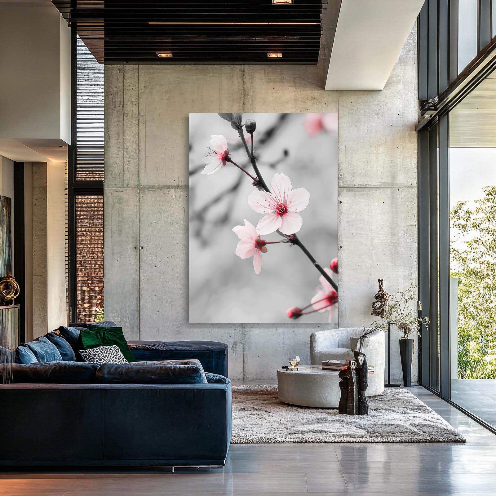 Silver Branch Macro Cherry Blossom Canvas – styled in a furnished interior
