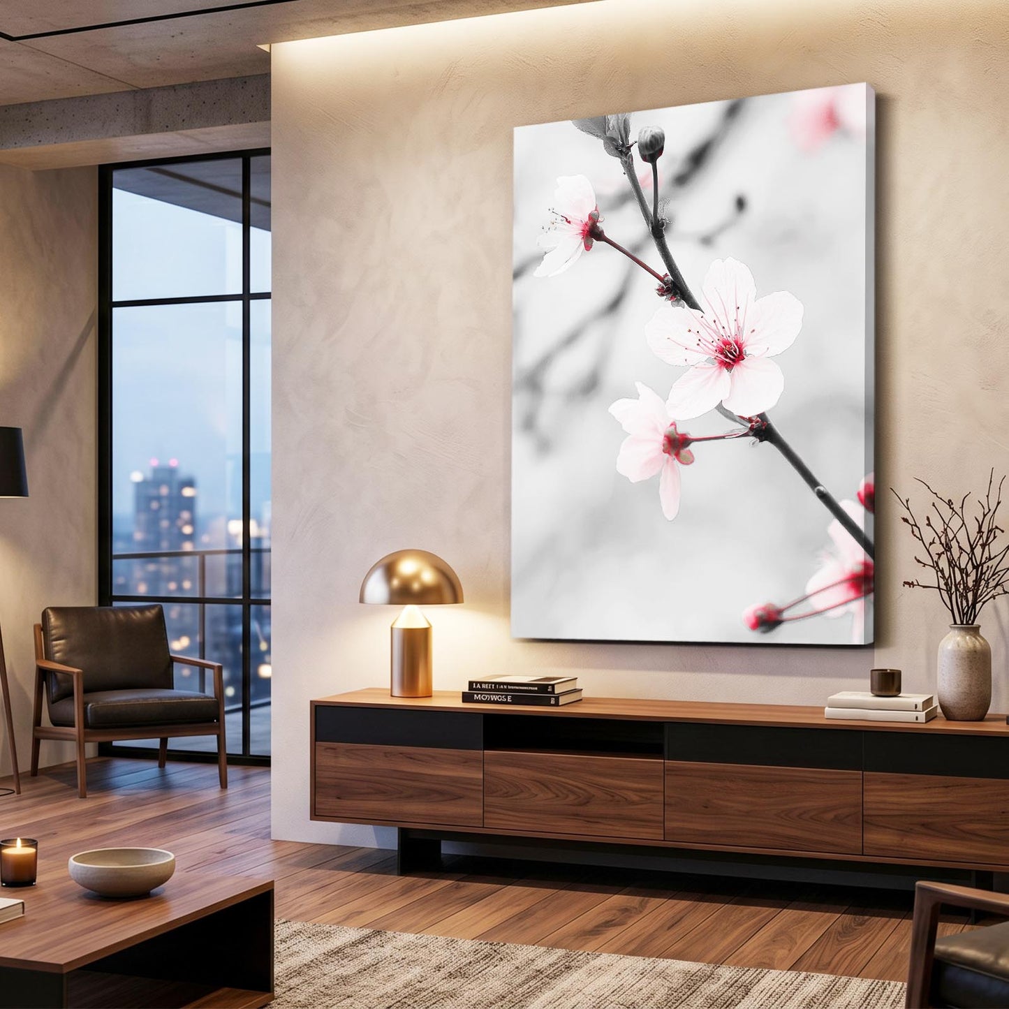 Silver Branch Macro Cherry Blossom Canvas – styled in a furnished interior