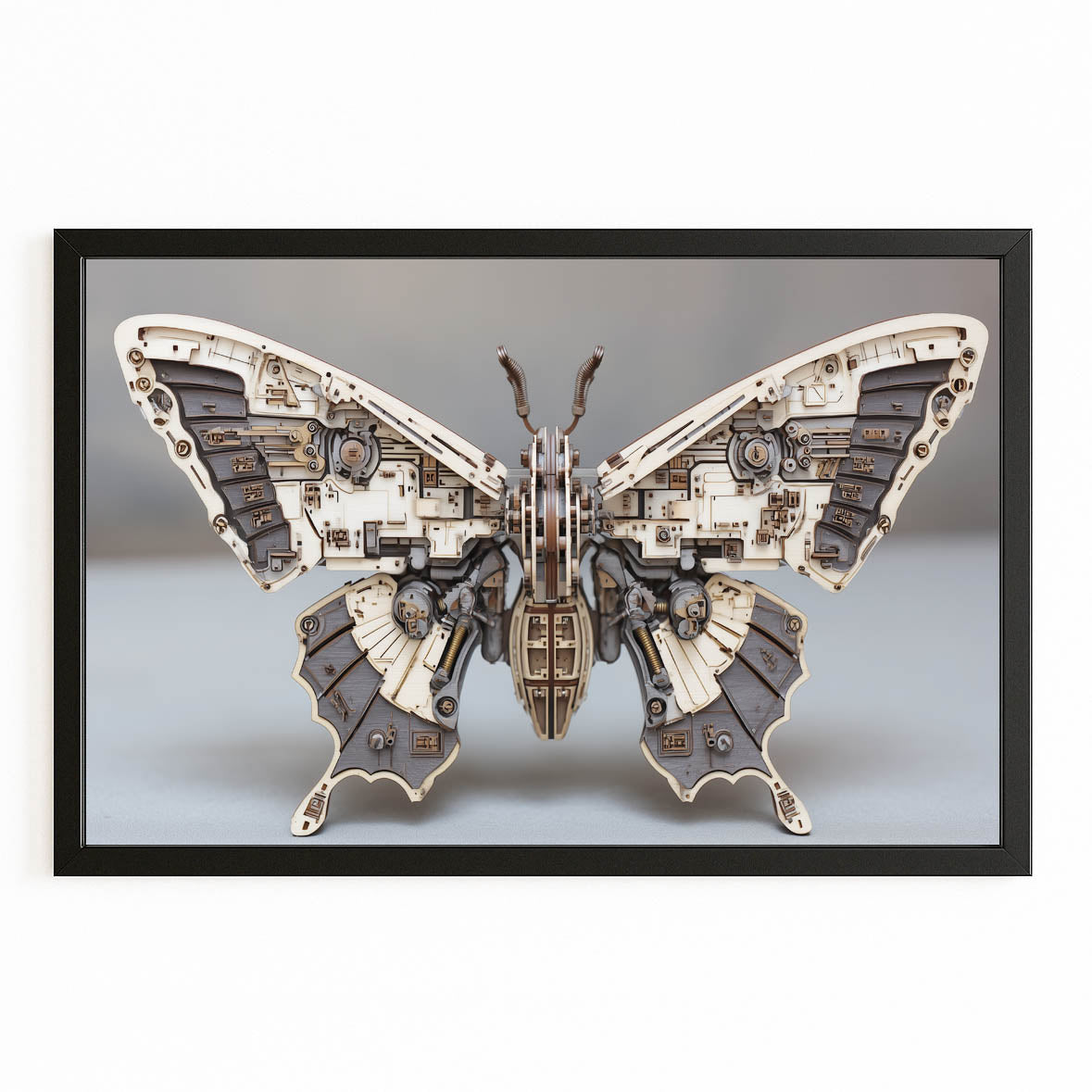 Silver Clockwork Butterfly Steampunk Art – with Premium Black frame on white background