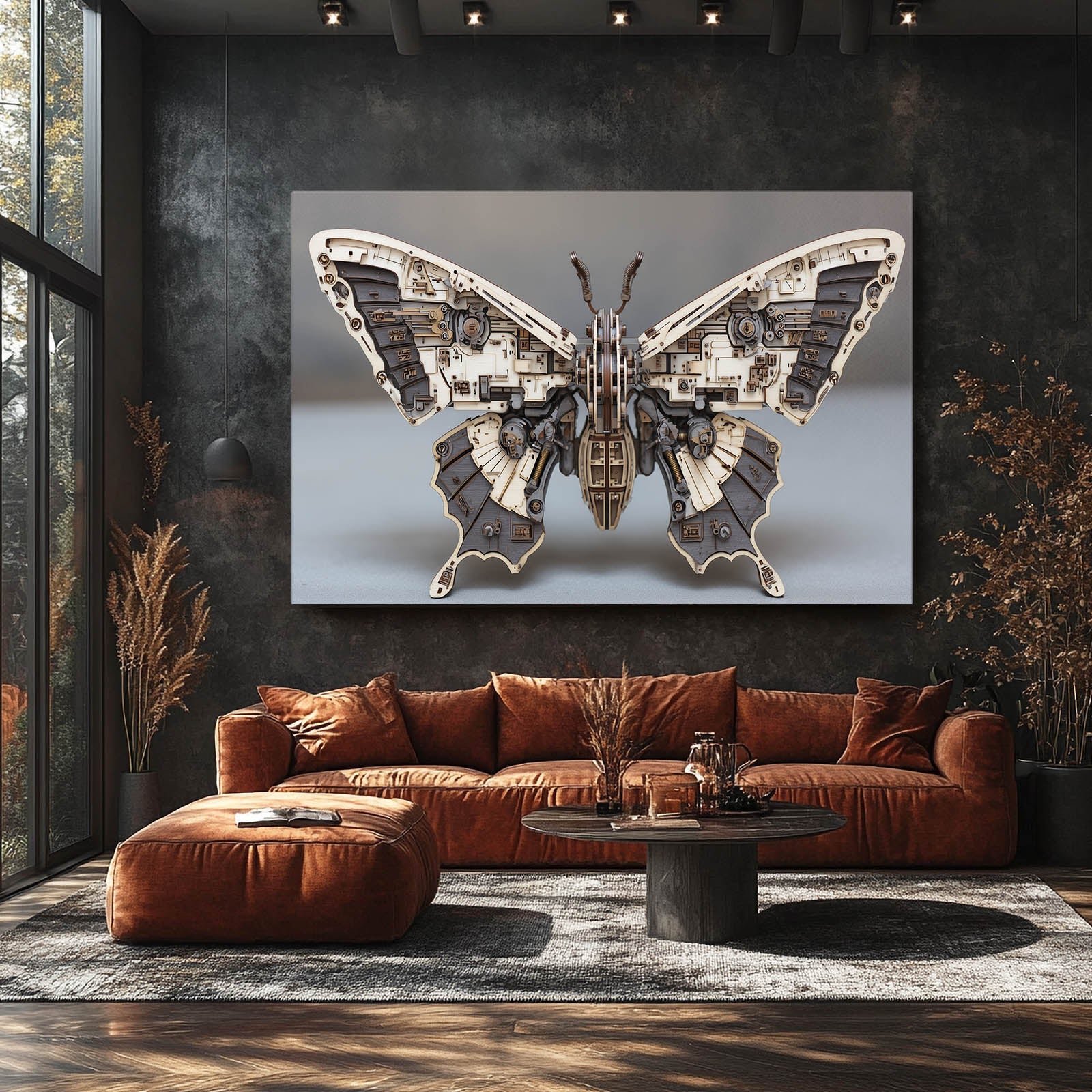 Silver Clockwork Butterfly Steampunk Art – styled in a furnished interior