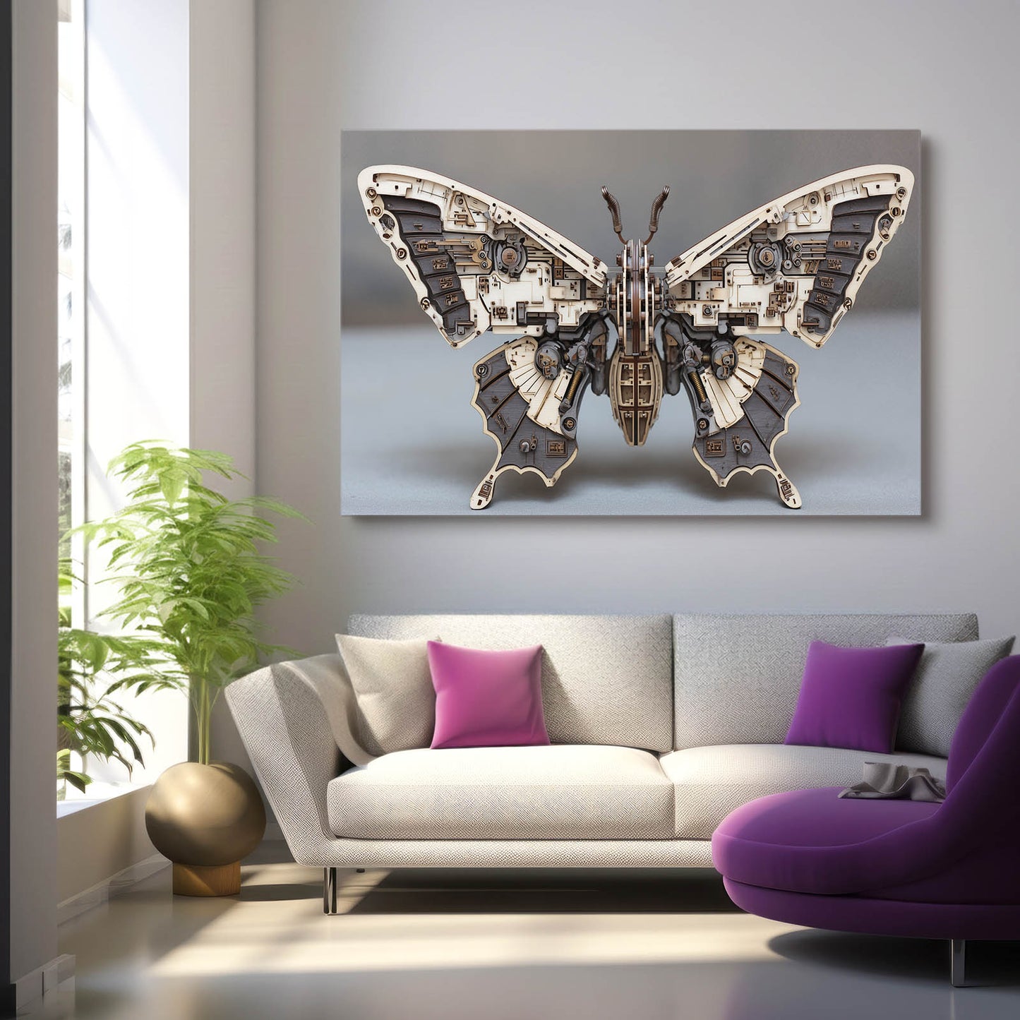 Silver Clockwork Butterfly Steampunk Art – styled in a furnished interior