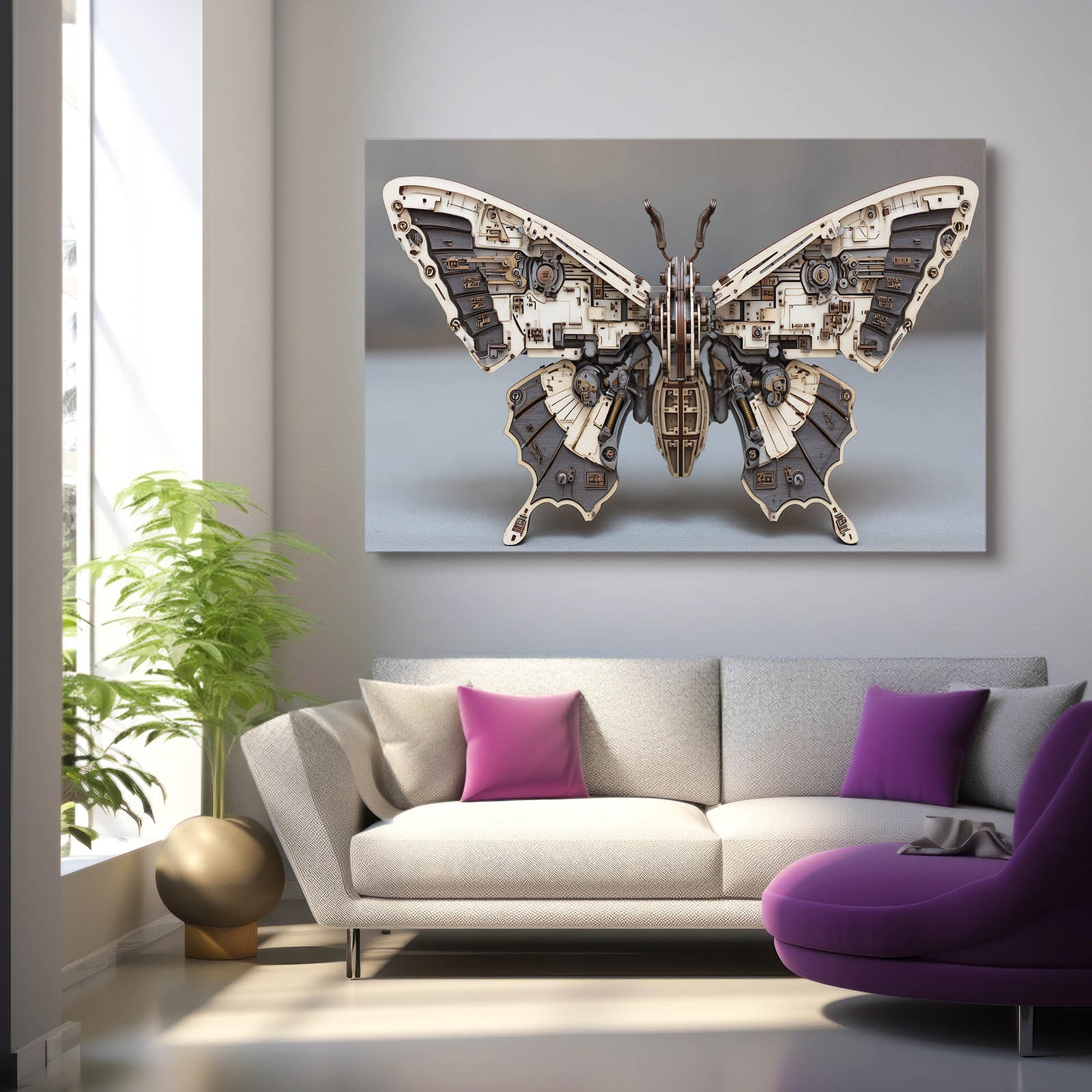 Silver Clockwork Butterfly Steampunk Art – styled in a furnished interior