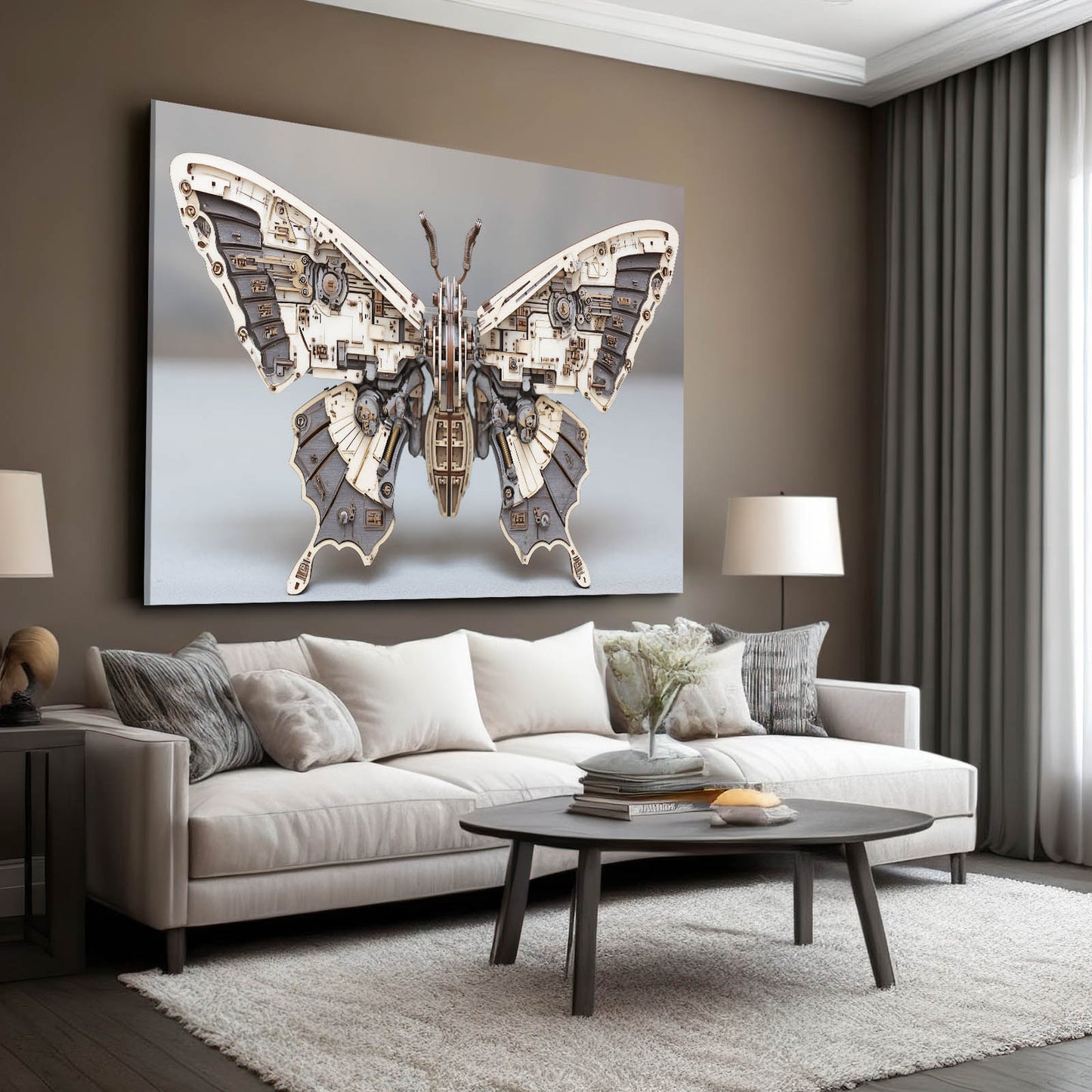 Silver Clockwork Butterfly Steampunk Art – styled in a furnished interior