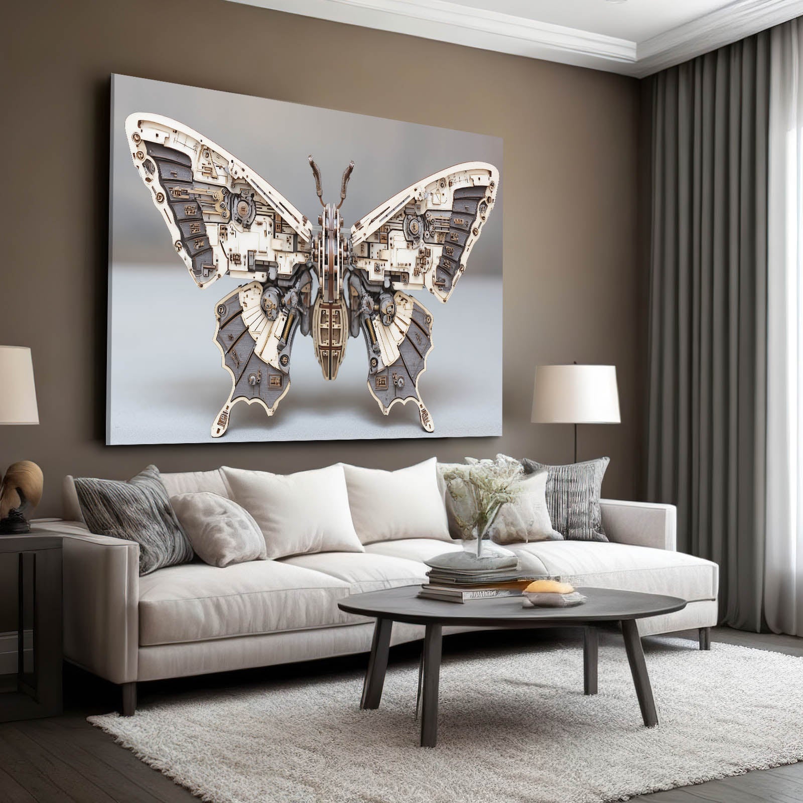 Silver Clockwork Butterfly Steampunk Art – styled in a furnished interior