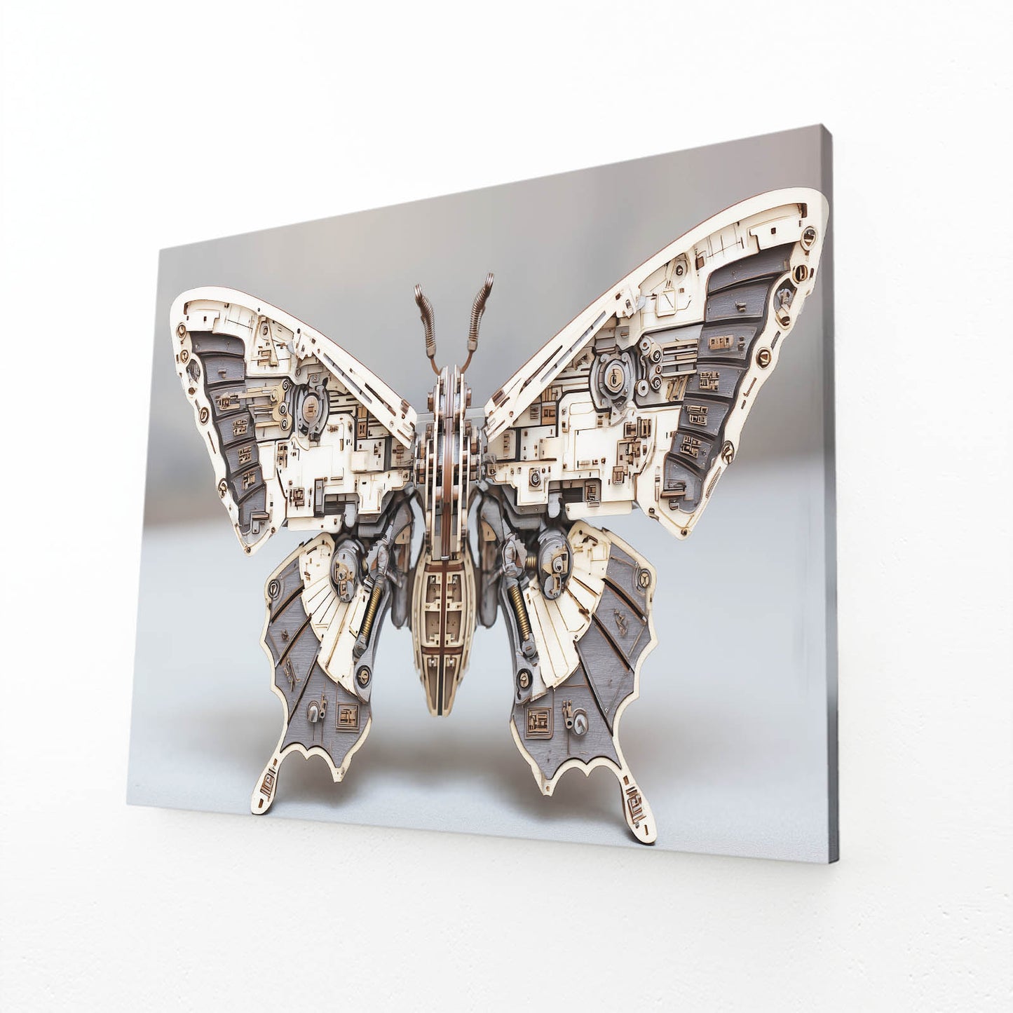 Silver Clockwork Butterfly Steampunk Art – angled canvas view on white background