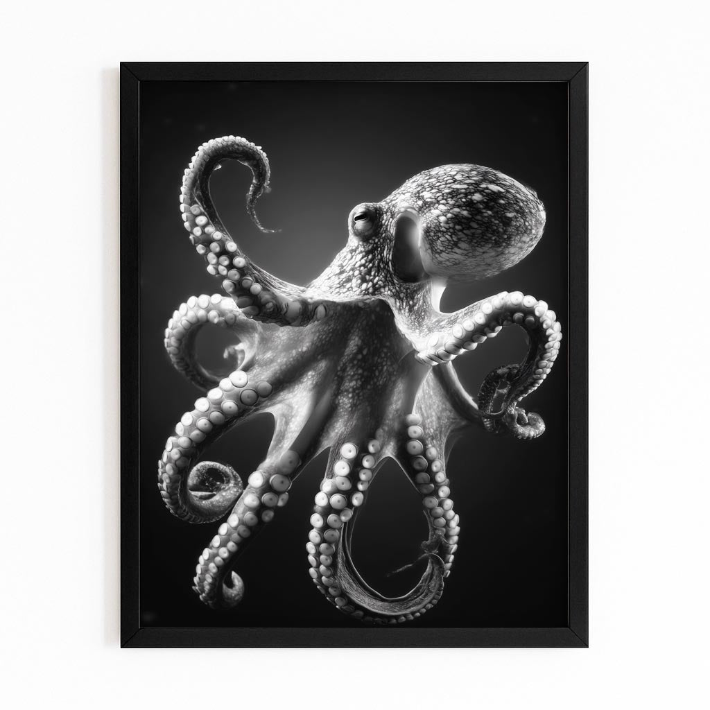 Silver Etch Study Octopus Wall Decor – with Premium Black frame on white background