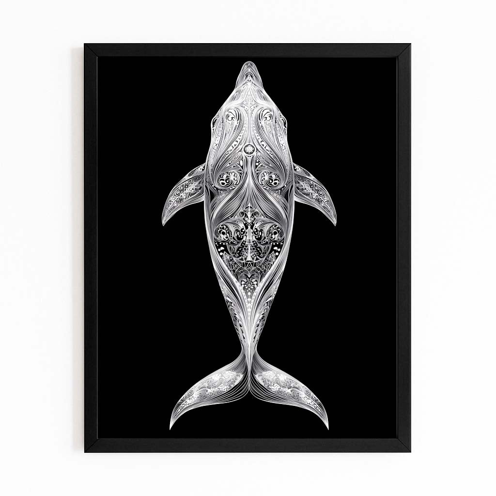 Silver Filigree Dolphin Art – top-view silver dolphin with ornamental filigree body pattern on black