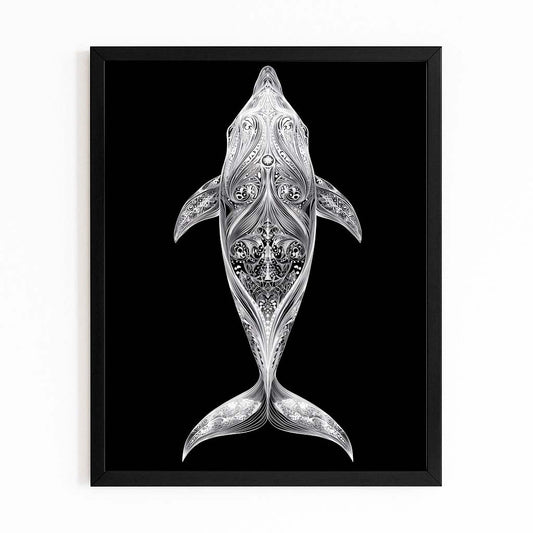 Silver Filigree Dolphin Art – top-view silver dolphin with ornamental filigree body pattern on black