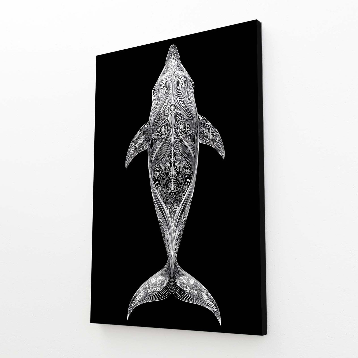 Silver Filigree Dolphin Art – angled canvas view on white background