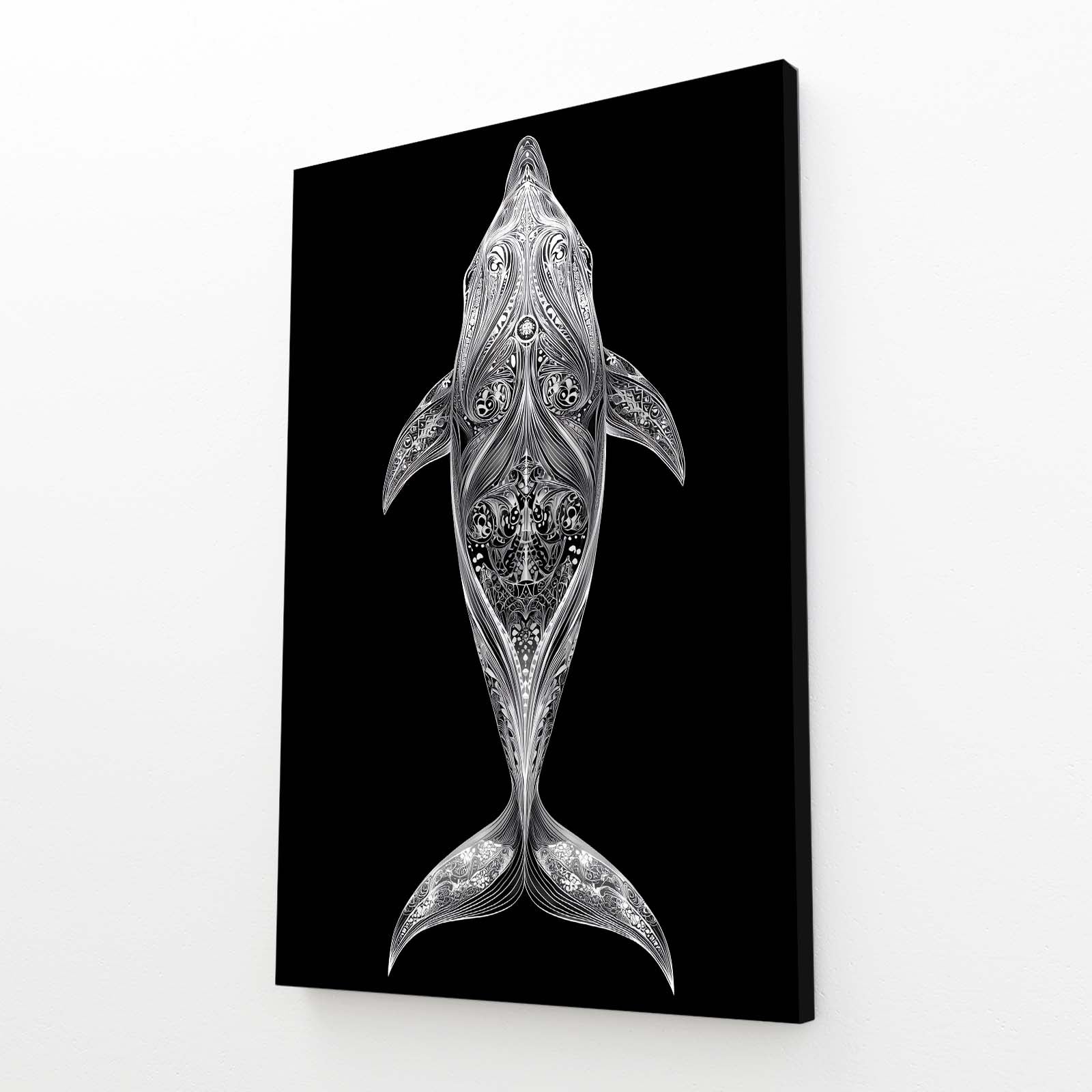 Silver Filigree Dolphin Art – angled canvas view on white background