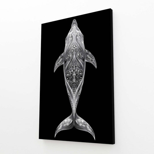 Silver Filigree Dolphin Art – angled canvas view on white background