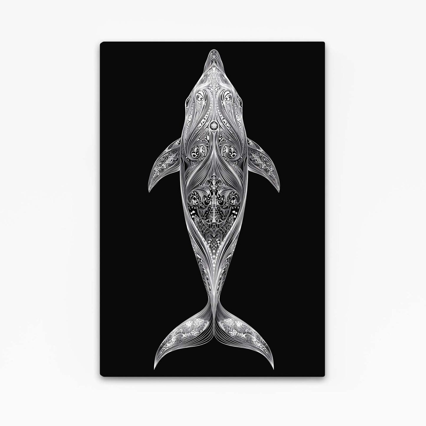 Silver Filigree Dolphin Art – with Premium Black wood frame on white background