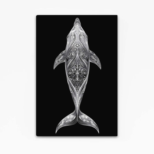 Silver Filigree Dolphin Art – with Premium Black wood frame on white background