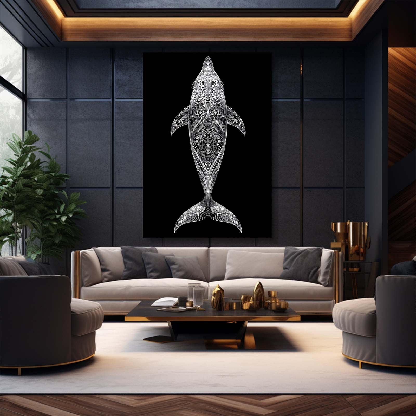 Silver Filigree Dolphin Art – styled in a furnished interior