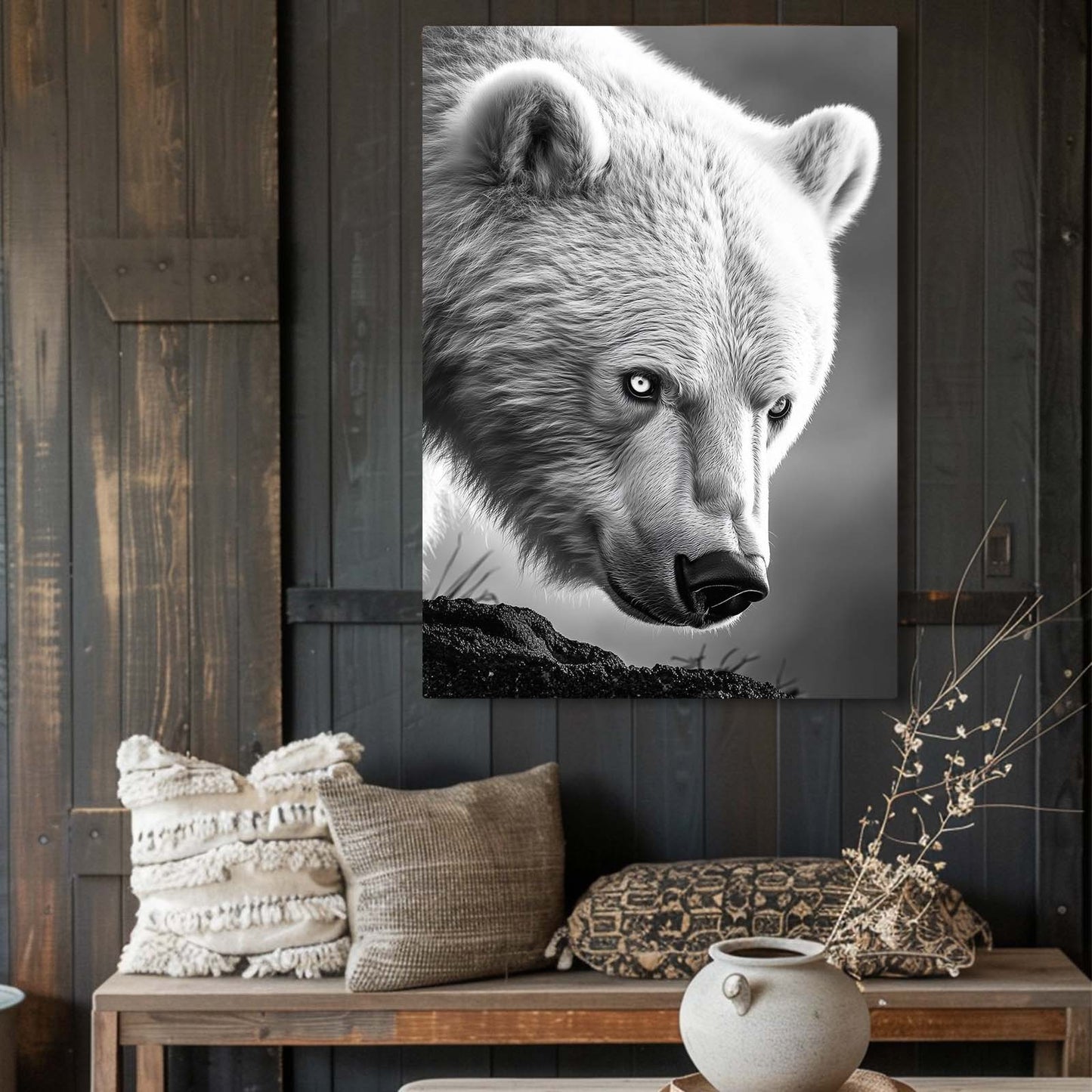 Silver Fur Closeup Bear Wall Decor — photography canvas print, styled in a furnished interior