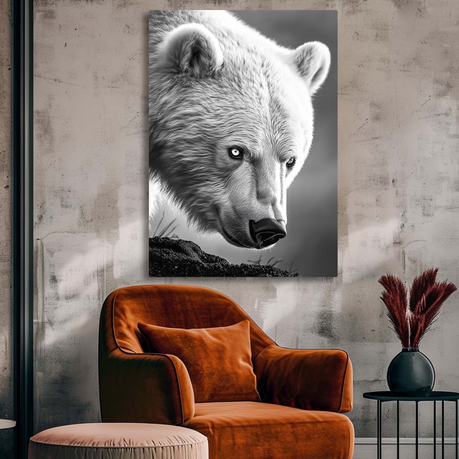 Silver Fur Closeup Bear Wall Decor — photography canvas print, styled in a furnished interior