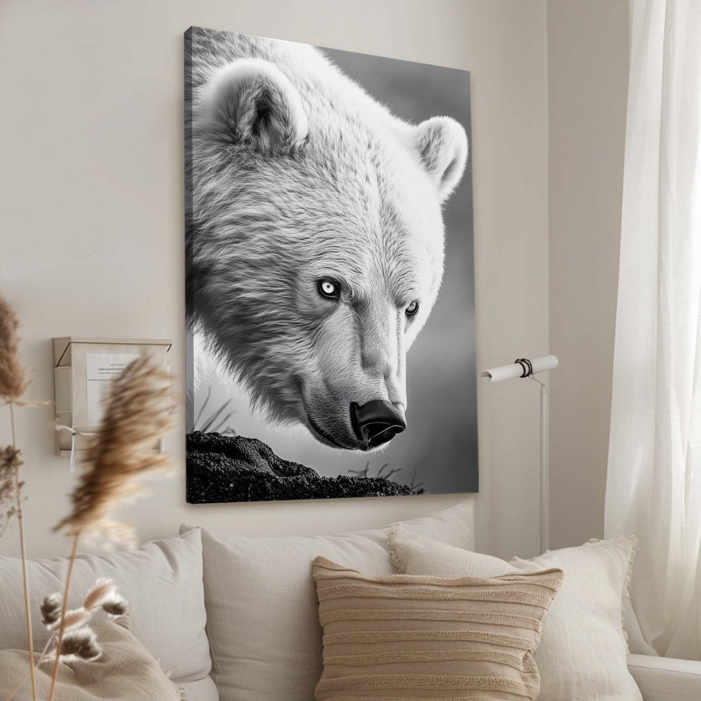 Silver Fur Closeup Bear Wall Decor — photography canvas print, styled in a furnished interior