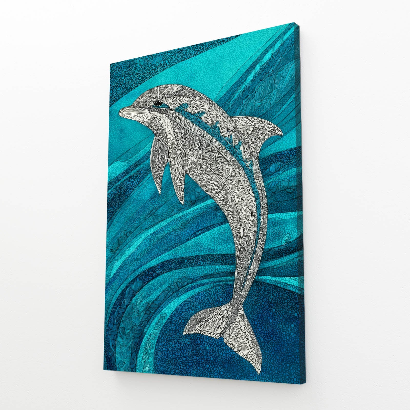 Silver Glitter Dolphin Art – angled canvas view on white background