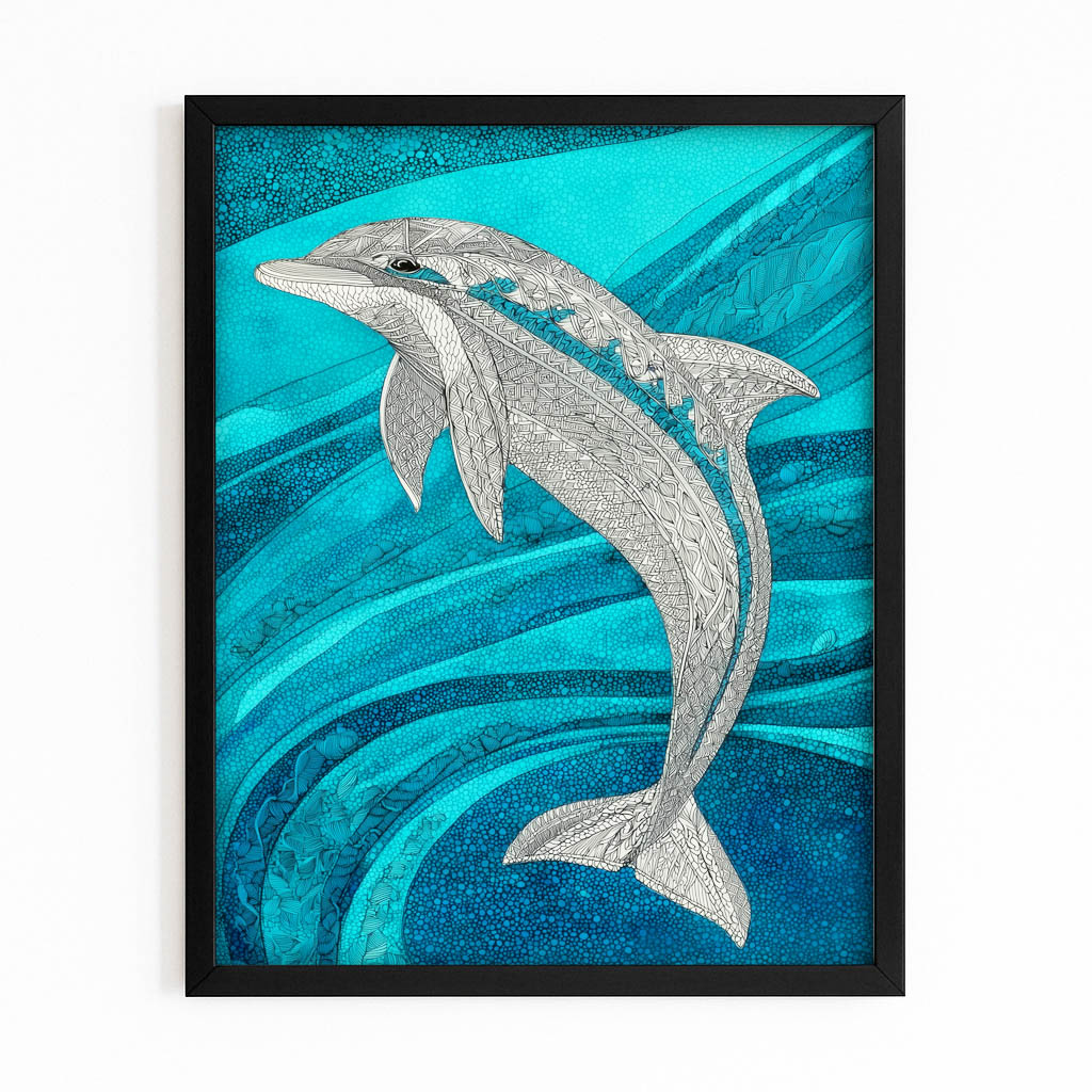 Silver Glitter Dolphin Art – with Premium Black wood frame on white background