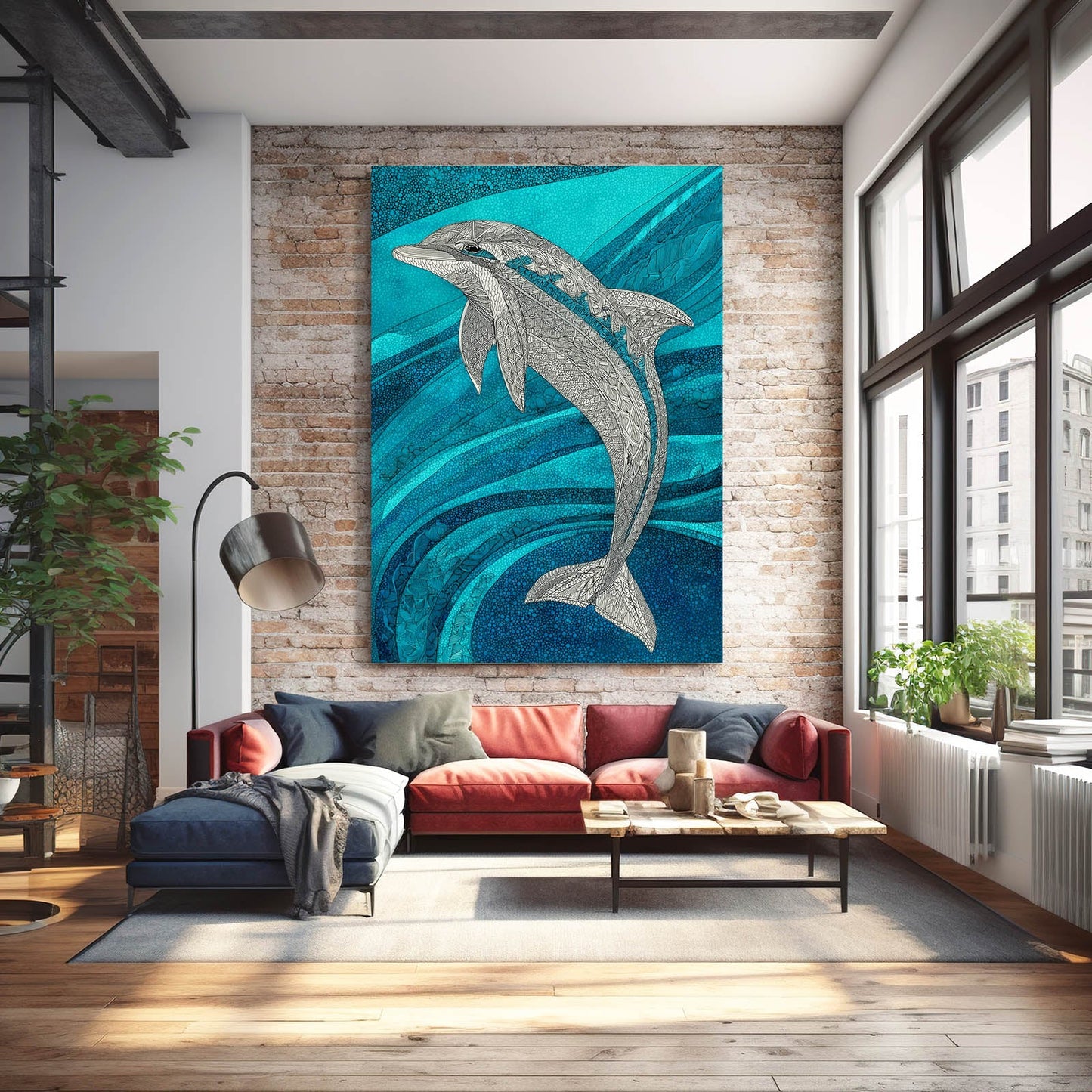 Silver Glitter Dolphin Art – styled in a furnished interior